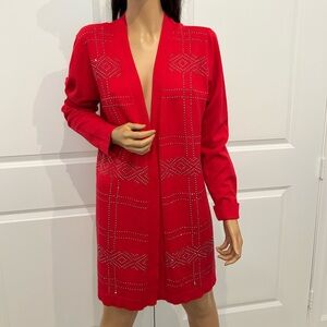 Emporio Armani Red Embellished Longline Cardigan Sweater Size L Rhinestone Studs